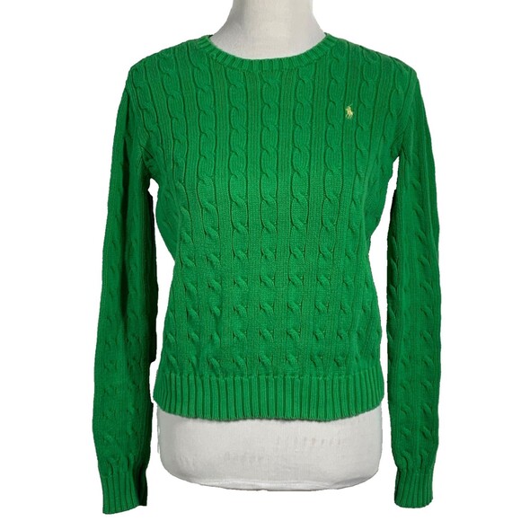 Ralph Lauren Sweaters - Ralph Lauren Cable Knit Sweater Women L  Kelly Green Cotton Yellow Pony Preppy